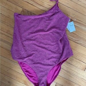 Good American 90s Hot One Shoulder Hawaiian Pink Sparkle One Piece Bathing Suit